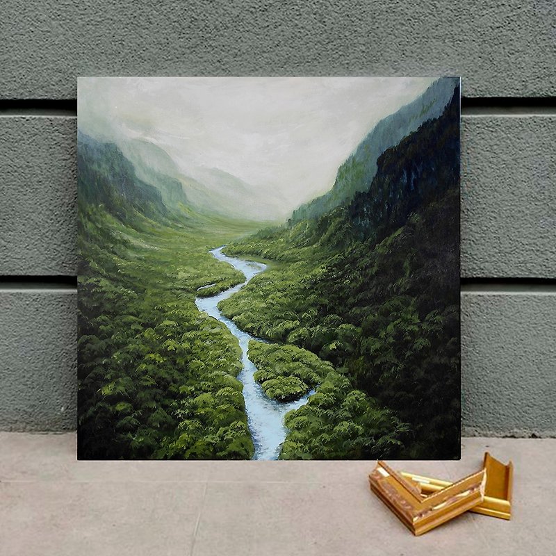Mountainscape Painting Original Canvas living Decor Foggy forest - 掛牆畫/海報 - 棉．麻 綠色