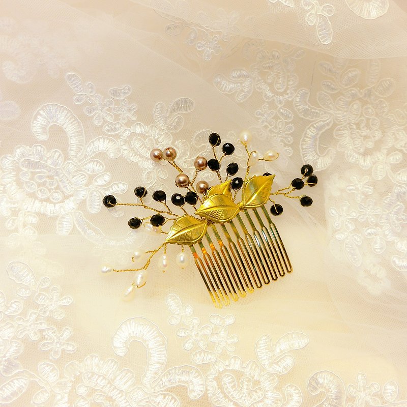 米飾り幸せな家族を入れて - 花嫁の結婚式のビュッフェくし櫛フランス - 低キー黒い金の翼 - ヘアアクセサリー - 金属 ゴールド