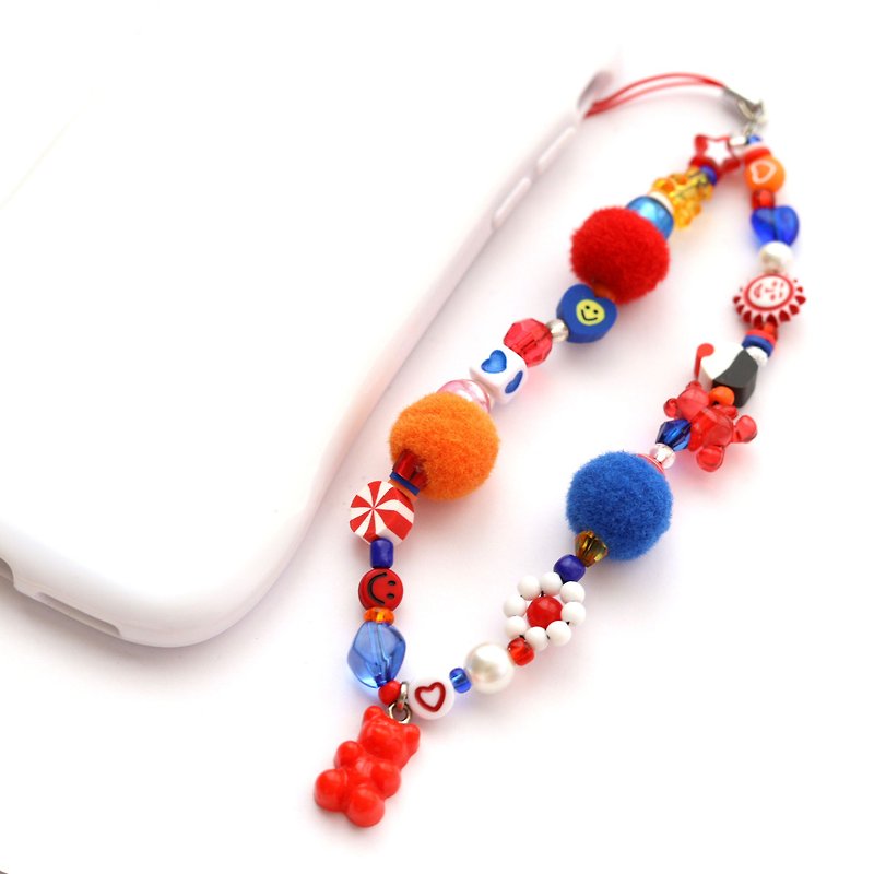 Phone strap - Red Blue White teddy bear mixed phone chain - phone charm - ที่ห้อยกุญแจ - วัสดุอื่นๆ สีน้ำเงิน