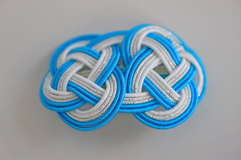 Mizuhiki Knot brooch Blue and Silver Double Awaji brooch Mizuhiki accessories - Brooches - Paper Blue