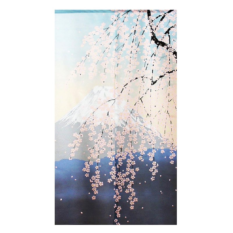 Japan-made コスモlong noren curtain Mount Fuji weeping cherry blossoms - ม่านและป้ายประตู - ไฟเบอร์อื่นๆ 