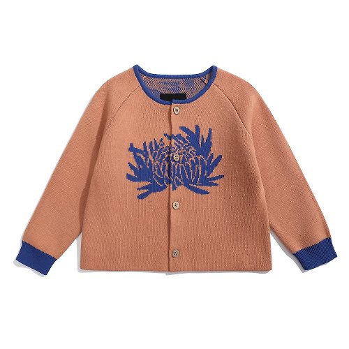 GOC studio 寶寶 幼生禮物 童裝 全棉菊花圖案長袖針織外套-蝦肉色藍色大菊花