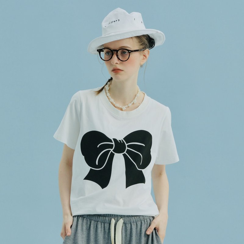 黑色蝴蝶結白色短袖棉T恤 / T-shirt 上衣 - 女 T 恤 - 棉．麻 白色