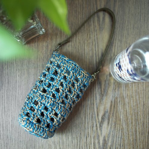 manyjoystudio Handmade crochet water bottle carriers mixs colors BlueJeans / Natural