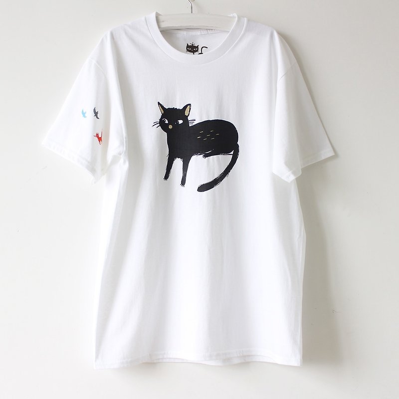 黑貓與小狐狸T裇 I 喜歡黑貓 I 手工絹印T shirt - 女 T 恤 - 棉．麻 白色