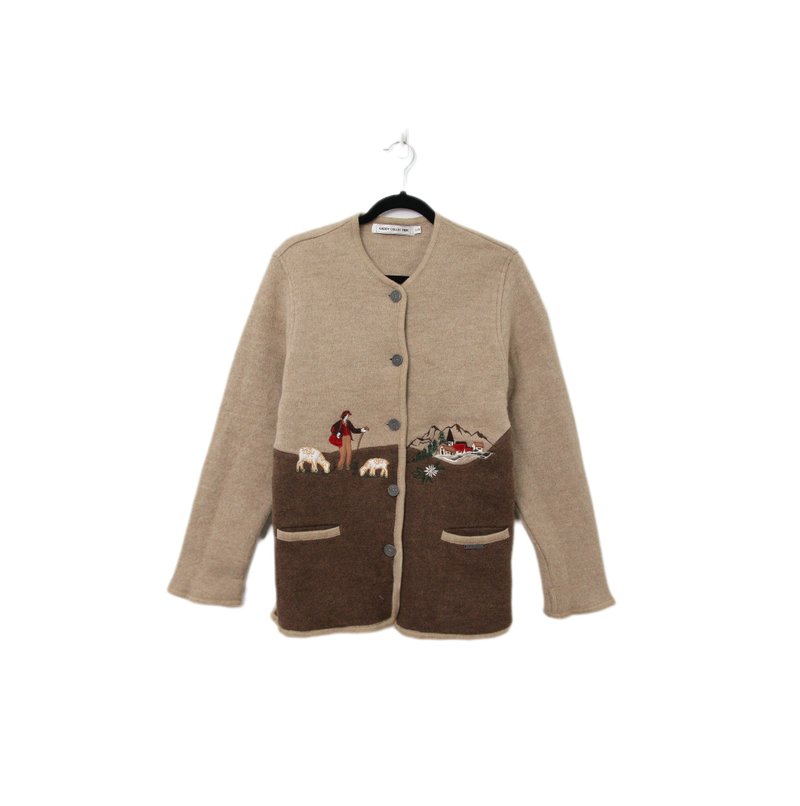 Back to Green-毛料開襟外套 撞色 牧羊人與雪山山莊W-05/vintage - 女毛衣/針織衫 - 聚酯纖維 