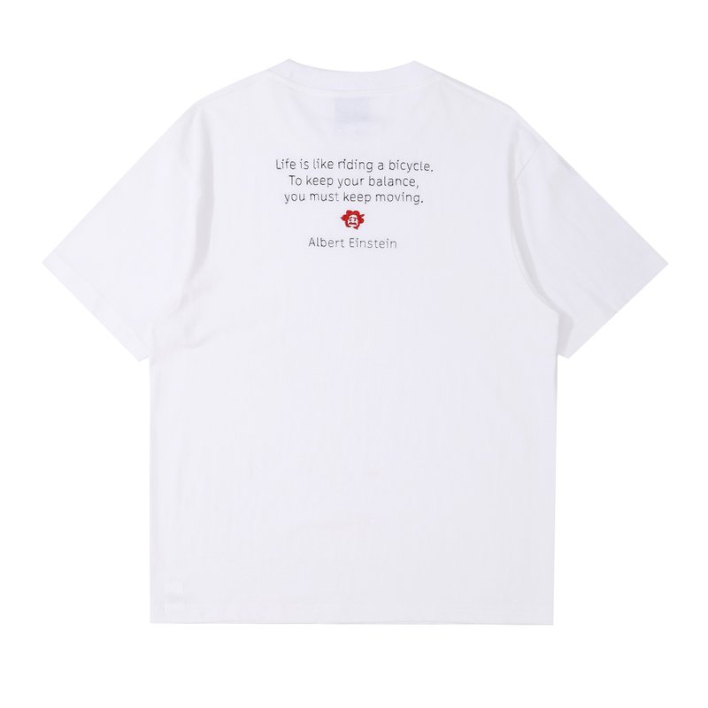 GOC Studio Einstein Embroidered Slogan Cotton T-Shirt - Life is like riding a bike - Women's T-Shirts - Cotton & Hemp White