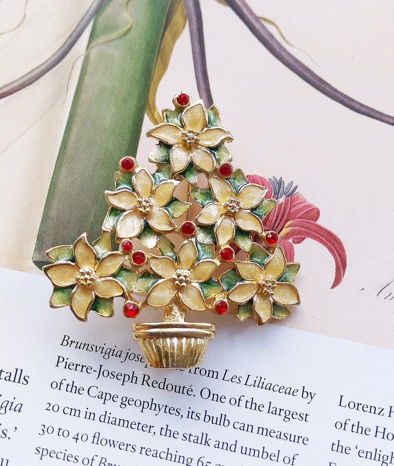 Vintage Jewelry 西洋古董飾品 聖誕紅 聖誕樹造型 盆景 別針 - 徽章/別針 - 其他金屬 金色