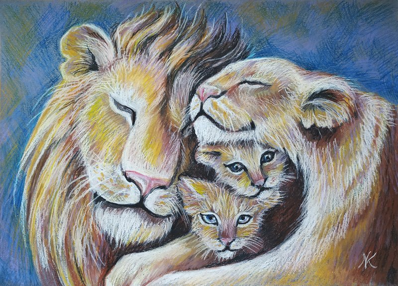 PORTRAIT THE FAMILY OF LIONS CUB PAINTING OIL PASTEL  ANIMALS ORIGINAL  ART - 壁貼/牆壁裝飾 - 紙 咖啡色