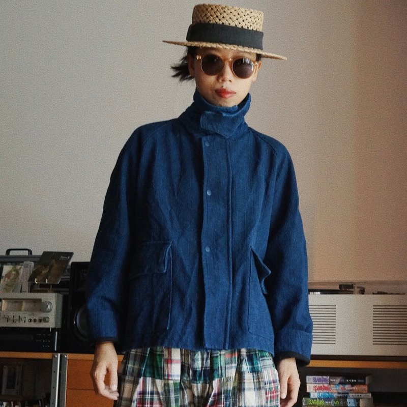 重磅植物藍染 秋冬中性英倫夾克短外套 厚棉麻面料 indigo - 女大衣/外套 - 棉．麻 藍色