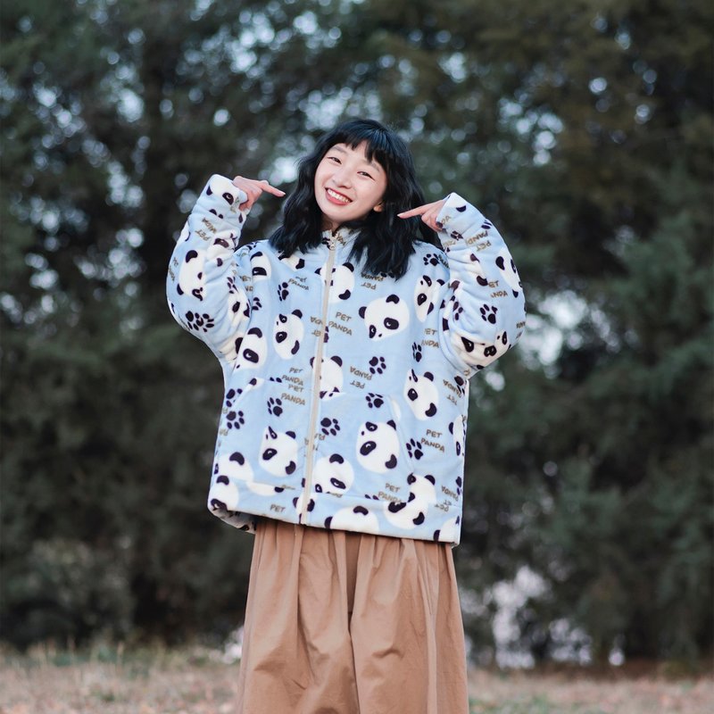 淺藍熊貓 連帽寬鬆毛絨絨棉服 - 女上衣/長袖上衣 - 羊毛 藍色