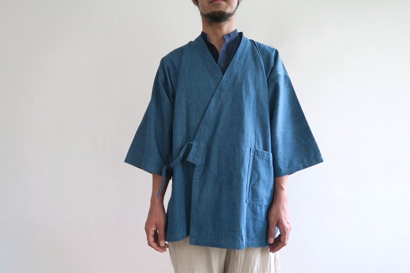 交叉綁帶長上衣  | 丹寧淺藍 - 男 T 恤 - 棉．麻 藍色