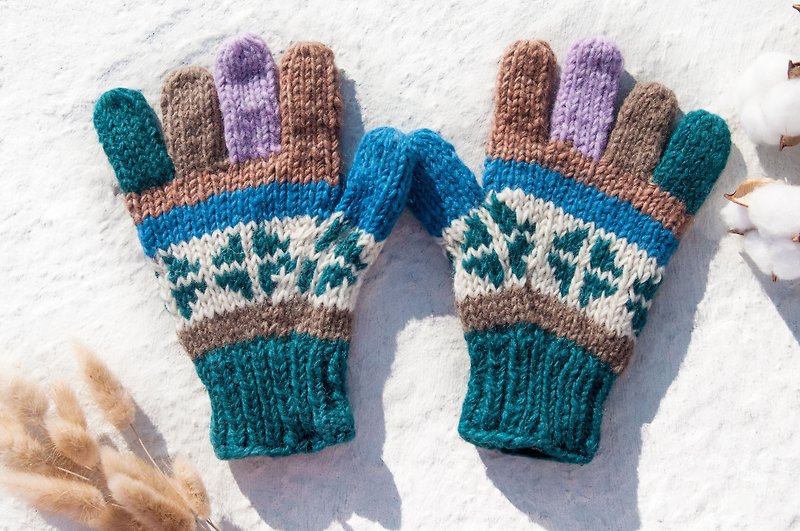 手編みウールニット手袋/ニットピュアウールウォームグローブ/フルトゥグローブ-北風の青い空と緑の土地 - 手袋 - ウール 多色