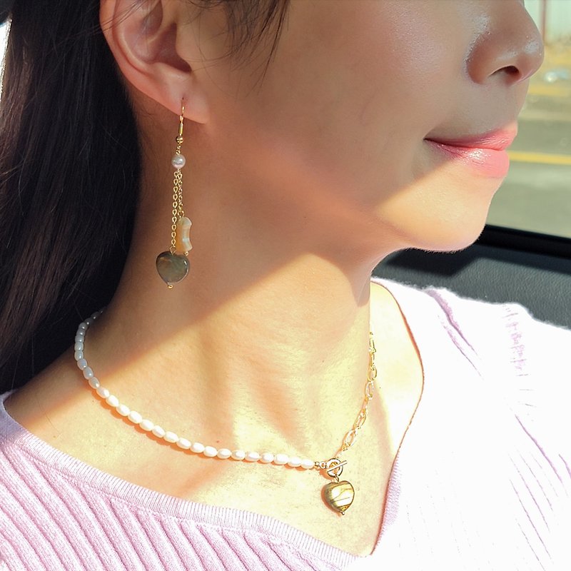 14K gold-injected gray elongated pearl necklace and earrings gift - สร้อยคอ - ไข่มุก 