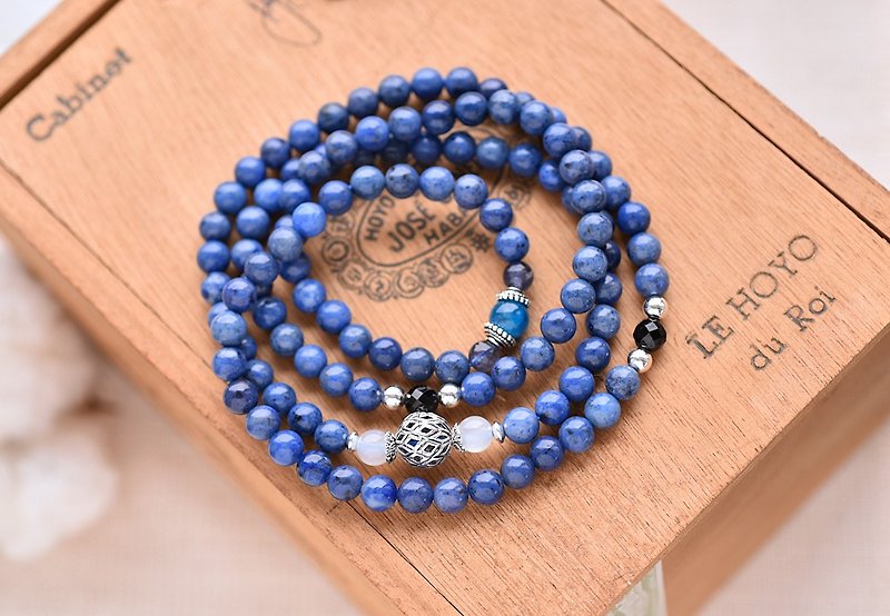 藍線石+月光石+堇青石+磷灰石108顆念珠/佛珠/多圈手鍊 - 手鍊/手環 - 寶石 藍色