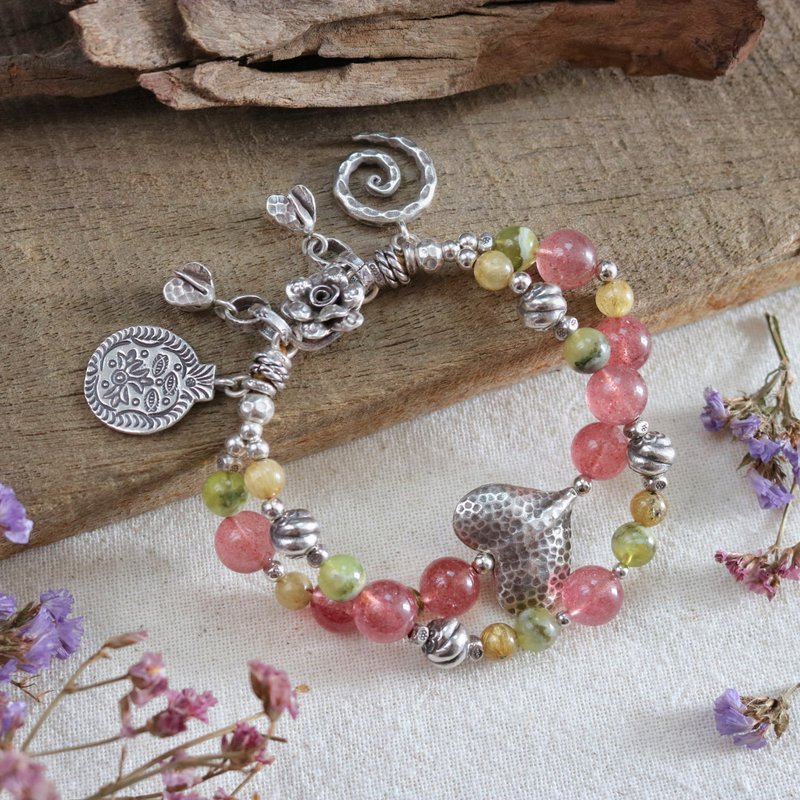 Strawberry Quartz Prehnite Golden Rutile Quartz Bracelet with Karen Silver - สร้อยข้อมือ - เงินแท้ สึชมพู