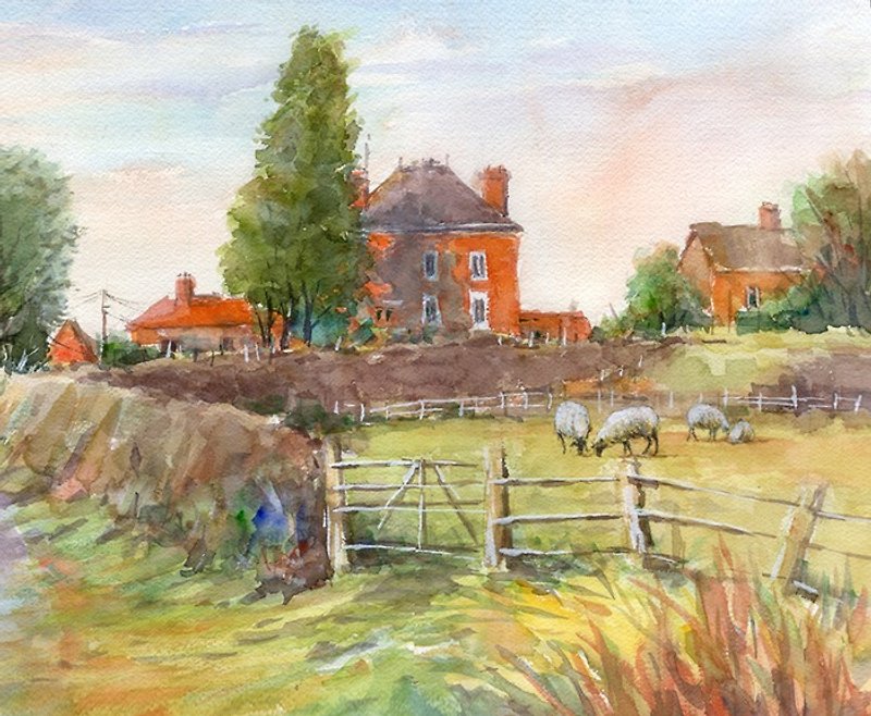 Original watercolor painting Village with sheep ranch - Posters - Paper Orange