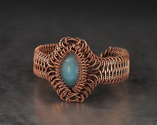 Wire Wrap Art Aquamarine bracelet for her Unique handmade wire wrapped artisan copper jewelry