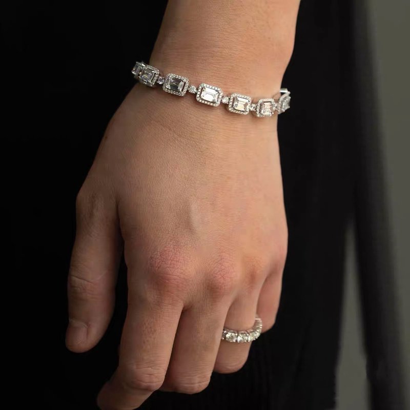 Wbj 8mm冰糖方形寶石手鍊 祖母綠切割 手環 - 手鍊/手環 - 寶石 銀色