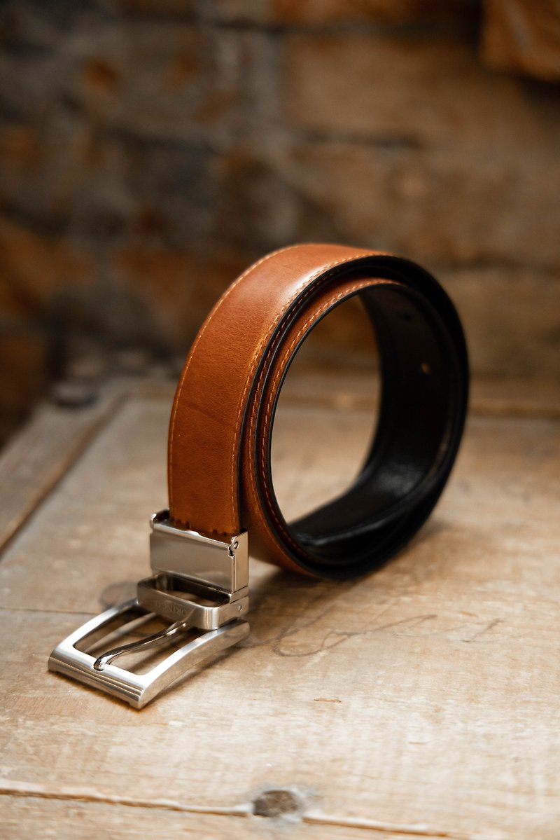 [New Year’s Gift] [Gift Recommendation] Stitched Business Reversible Belt Black/Orange - เข็มขัด - หนังแท้ สีนำ้ตาล