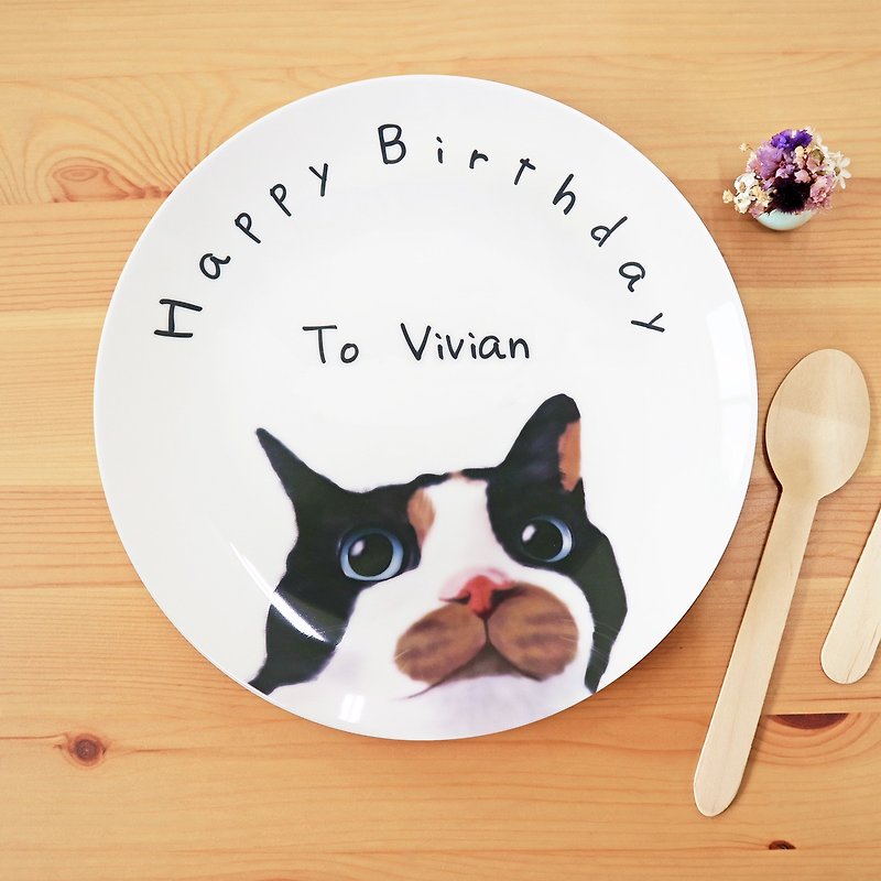 8 inch bone china plate - stay meow birthday disc (12/1 ~ 12/26 the whole hall super take the free shipping, spending $ 1500 free spending yo ~) / custom made products can be microwave / through SGS / birthday / cat - จานเล็ก - เครื่องลายคราม ขาว