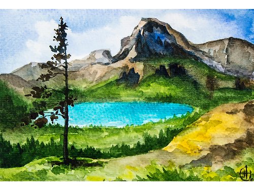 Nadya Ya Art Mountain Lake Watercolor Painting Pine Tree Original Art Green Brown Landscape