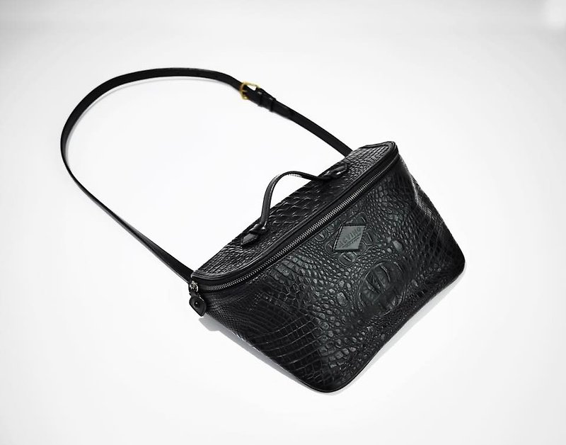 Black crocodile leather small French Rokit dorsal / pocket - Messenger Bags & Sling Bags - Genuine Leather Black