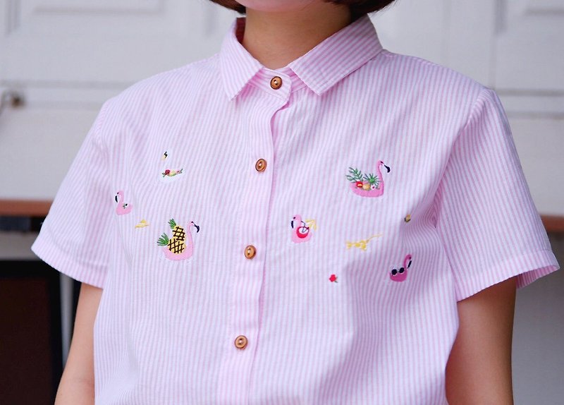 ベーシックシャツ（フラミンゴ）：ピンク - シャツ・ブラウス - 刺しゅう糸 ピンク