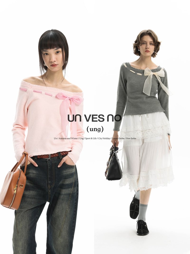 [One piece of clothing for multiple wears] Unvesno (UN) ung series ribbon binding hand-sewn pearl slim knitted sweater - Women's Sweaters - Other Materials 