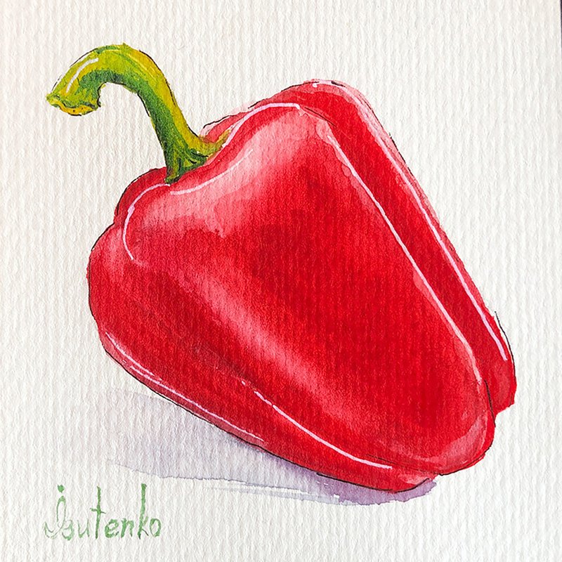 Pepper Painting Vegetable Original Art Food Artwork Small Watercolor Wall Art - 海報/掛畫/掛布 - 紙 紅色