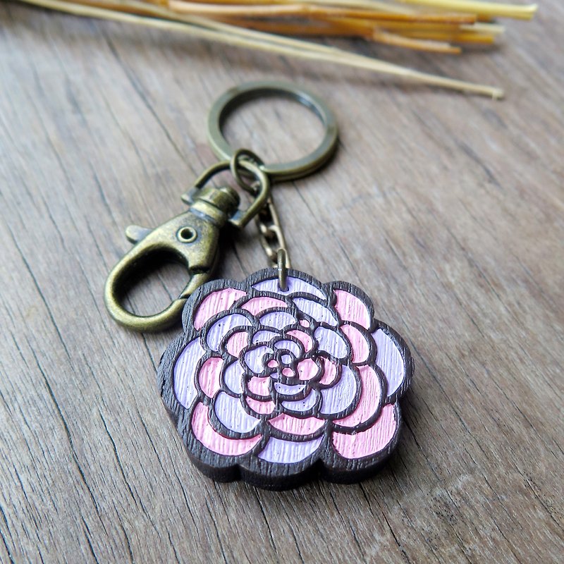 Wooden keyring pink purple rose - 鑰匙圈/鑰匙包 - 木頭 粉紅色