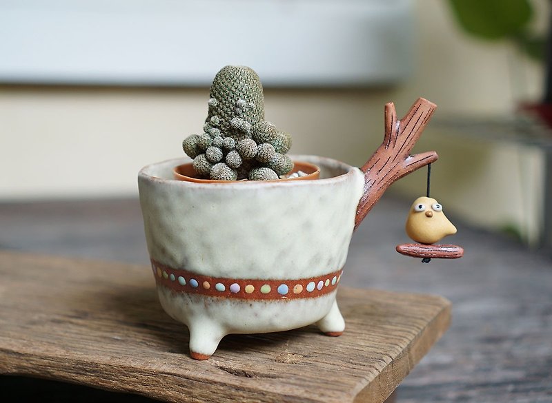 Branch plant pot for cactus ,little bird , handmade ceramic , pottery - 植物/盆栽/盆景 - 陶 黃色