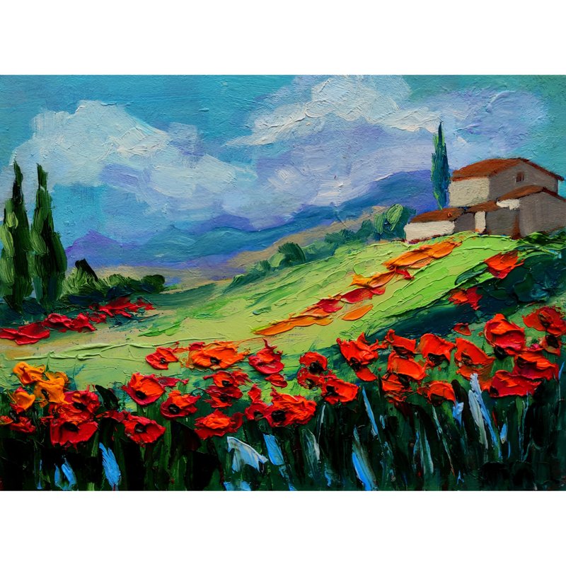 Tuscany Landscape Original Painting, Poppies Flowers Art, 手工油畫 油畫原作 - 海報/掛畫/掛布 - 其他材質 多色