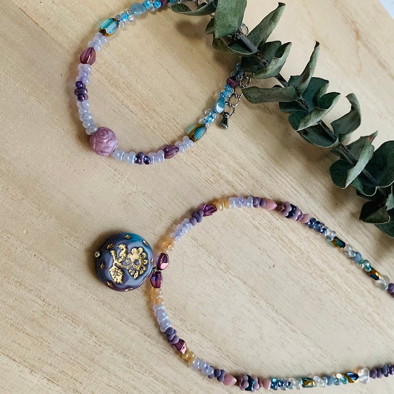 Daisy necklace pink purple rose bracelet set - Chokers - Glass Purple