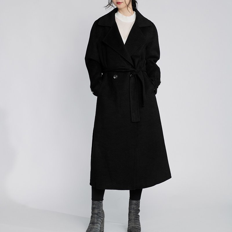 Australian wool double-sided side slit coat coat [CONTRAST card 偌诗] - Women's Casual & Functional Jackets - Wool Black