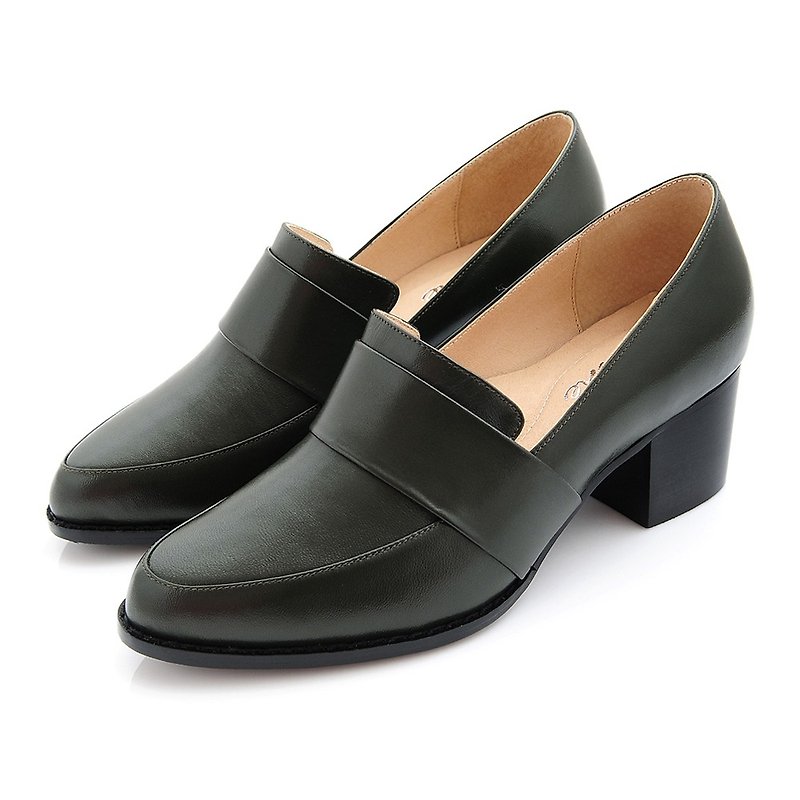 Olive green full leather plain block heel loafers - รองเท้าอ็อกฟอร์ดผู้หญิง - หนังแท้ 