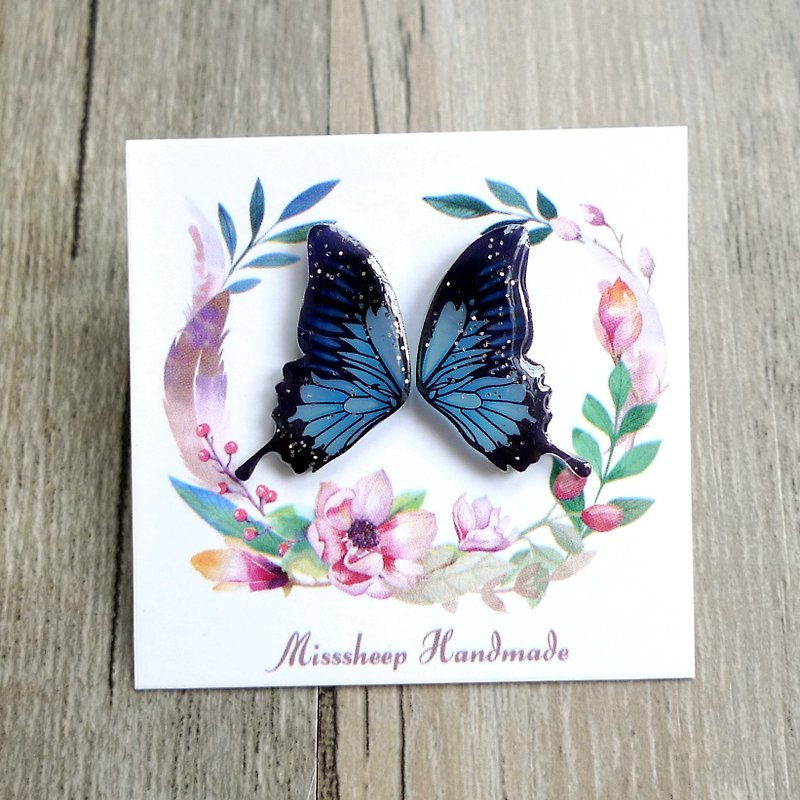 Misssheep- [BW09- Blue Butterfly] Handmade Earrings (Ear / Ear Clip) [One Pair] - ต่างหู - พลาสติก สีน้ำเงิน