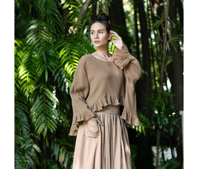 波西米亞風棉質短版襯衫，帶有荷葉邊，寬鬆的赭色棉質上衣 - 女裝上衣 - 棉．麻 卡其色