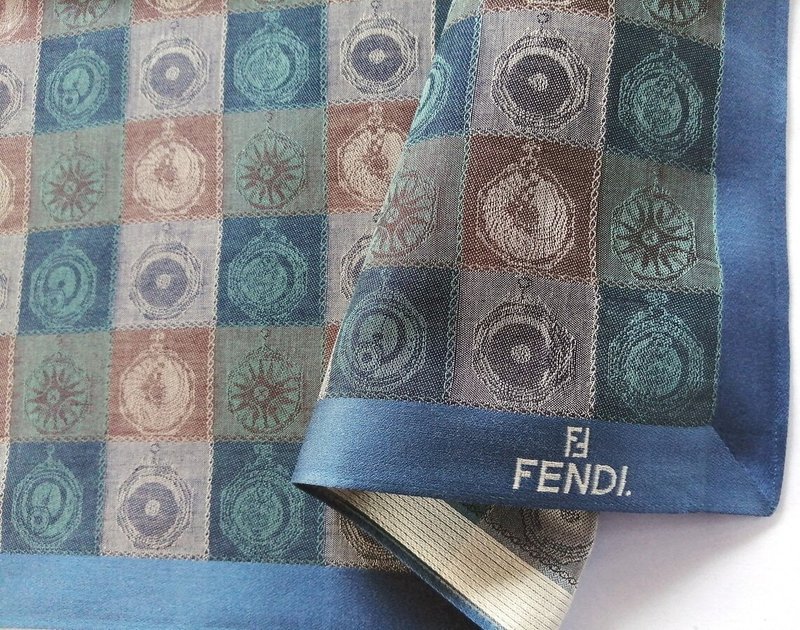 Fendi Vintage Jacquard Handkerchief – Checkered Medallion 18.5 x 18 inches - 手帕 - 棉．麻 藍色