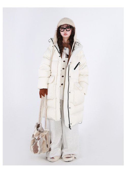 嬉家 超厚羽絨服女長款連帽白鴨絨外套