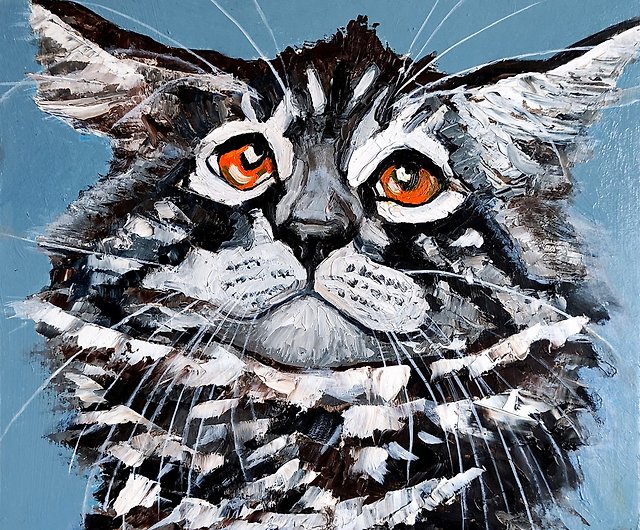 メインクーン猫の絵画オリジナルアート、面白いペットの肖像画、ぶち猫 ...