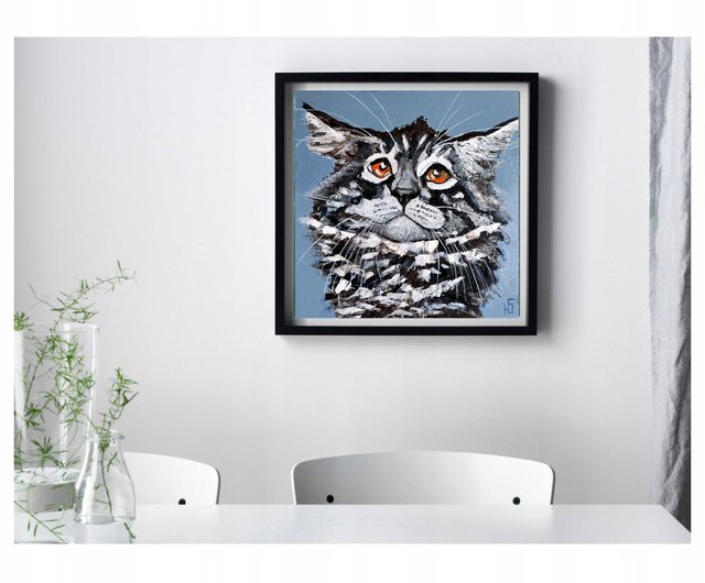 メインクーン猫の絵画オリジナルアート、面白いペットの肖像画