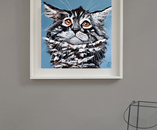 メインクーン猫の絵画オリジナルアート、面白いペットの肖像画、ぶち猫 