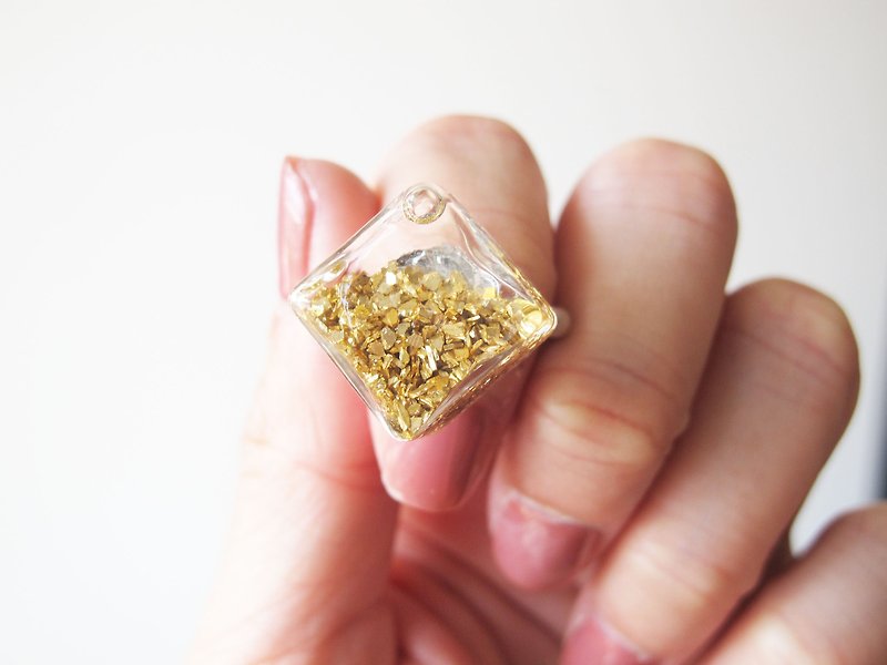 Rosy Garden 金色星球砂礫礦石碎片流動菱形雪花玻璃戒指 - 戒指 - 玻璃 金色