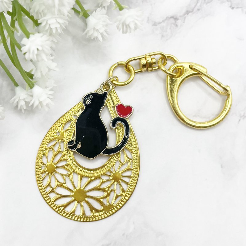 【Xmas gift】black cat keychain - Keychains - Other Materials Gold