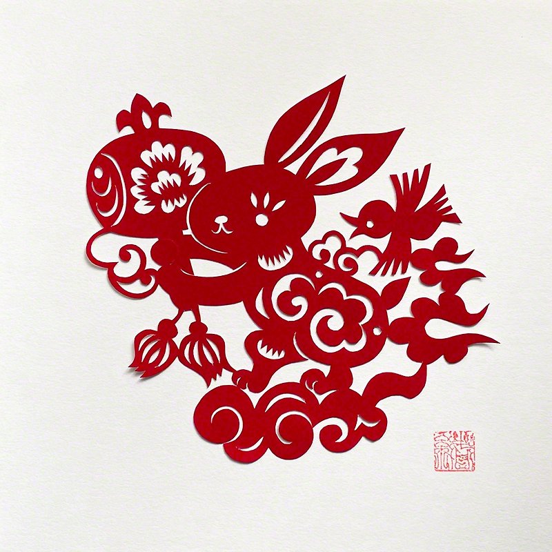 Made-to-order cut paper, lucky rabbit - โปสเตอร์ - กระดาษ สีแดง