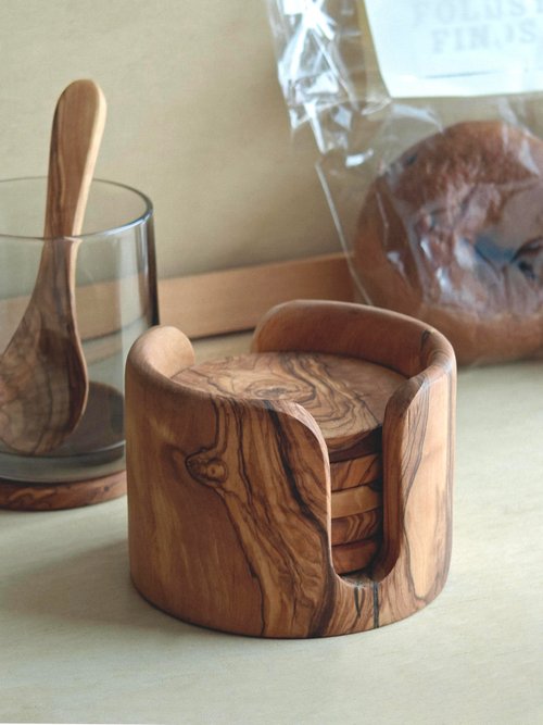 Olive Wood Coaster Set with Pin Holder