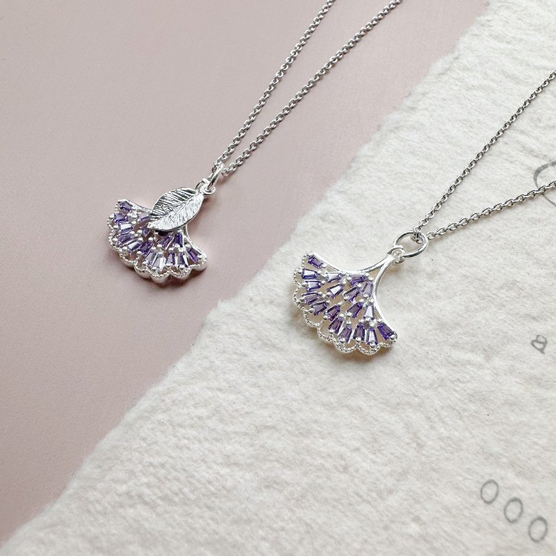 Purple Zircon Stone Leaf English Letter Leaf Silver Necklace (1 piece) - Necklaces - Other Metals Purple