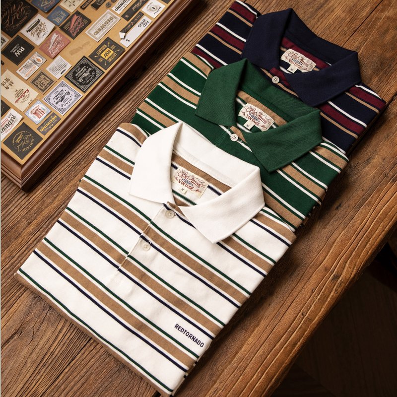 復古條紋polo衫 美式 復古 polo衫 短袖 T-shirt 常春藤學院風 - 男 T 恤 - 棉．麻 多色