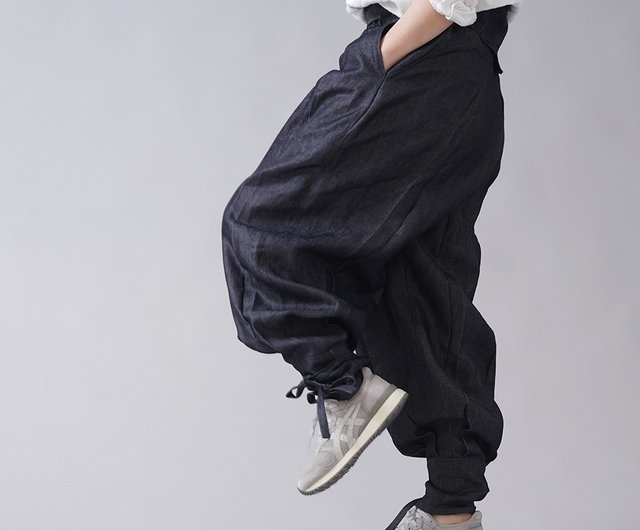 wafu --Pure flax ox long trousers Linen Denim Unisex Ninja